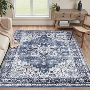 CHITOOMA 3'x5' Area Rugs for Living Room, Machine Washable Rugs Vintage Area Rug for Bedroom Dining Room Dorm Office with Non-Slip Backing, Stain Resistant Non-Shed Carpet, Blue