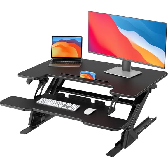 CHITOOMA 32" Z Shaped Stable Standing Desk Converter, Height Adjustable Sit Stand Up Desk Riser, Dual Monitor and Laptop Workstation with Wide Keyboard Tray, Desk Lifter for Home Office