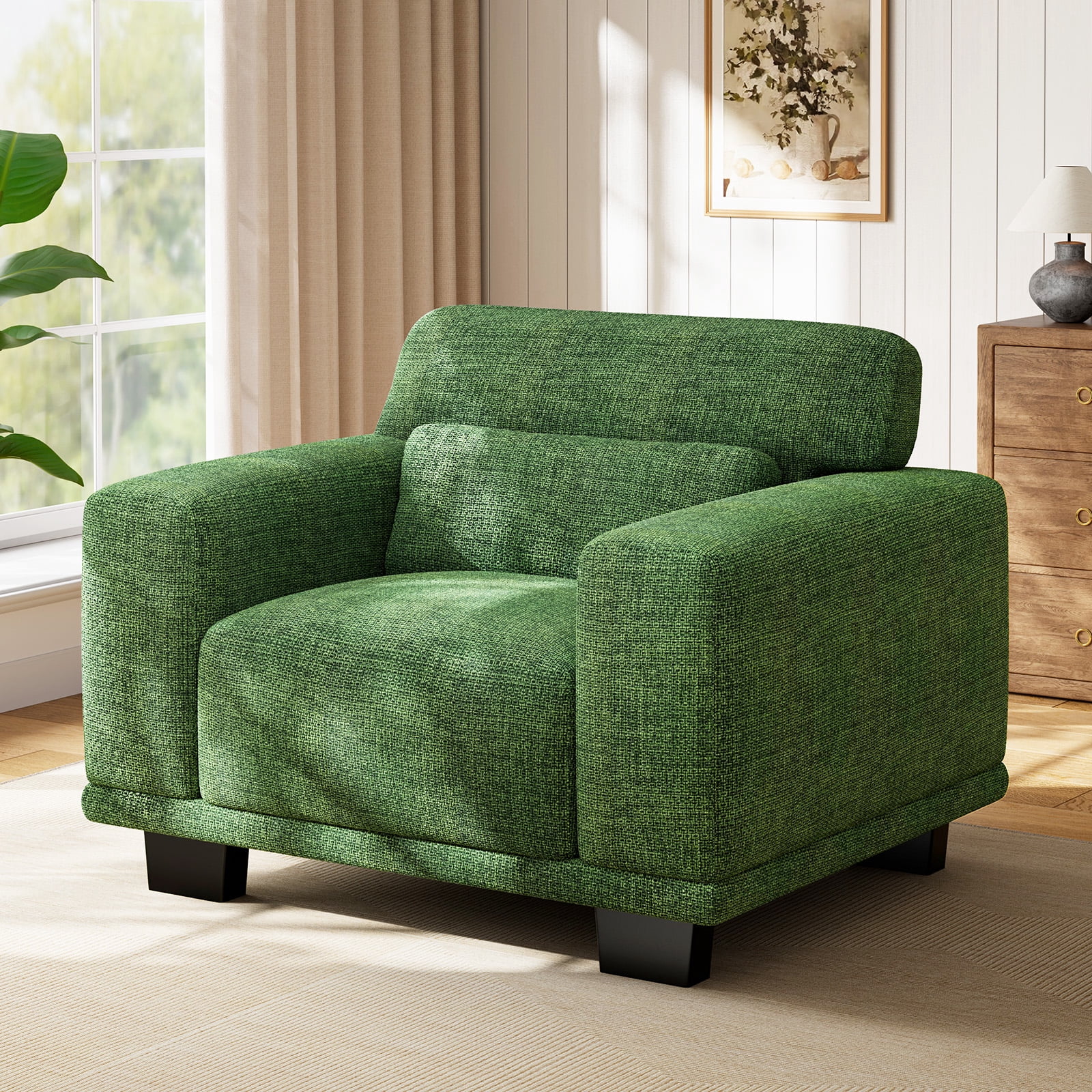 CHITOOMA 40" Oversized Accent Chair, Linen Upholstered Armchair with Washable Covers & Pillow, Wide Armrests, Deep Seat Sofa Chair for Living Room, Bedroom, or Office, Green