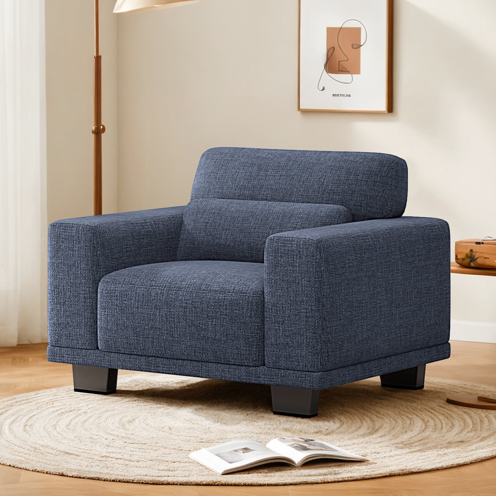 CHITOOMA 40" Oversized Accent Chair, Upholstered Armchair with Pillow and Removable Linen Cover, Deep Seat Sofa Chair with Wide Armrests for Living Room, Bedroom, or Office, Blue