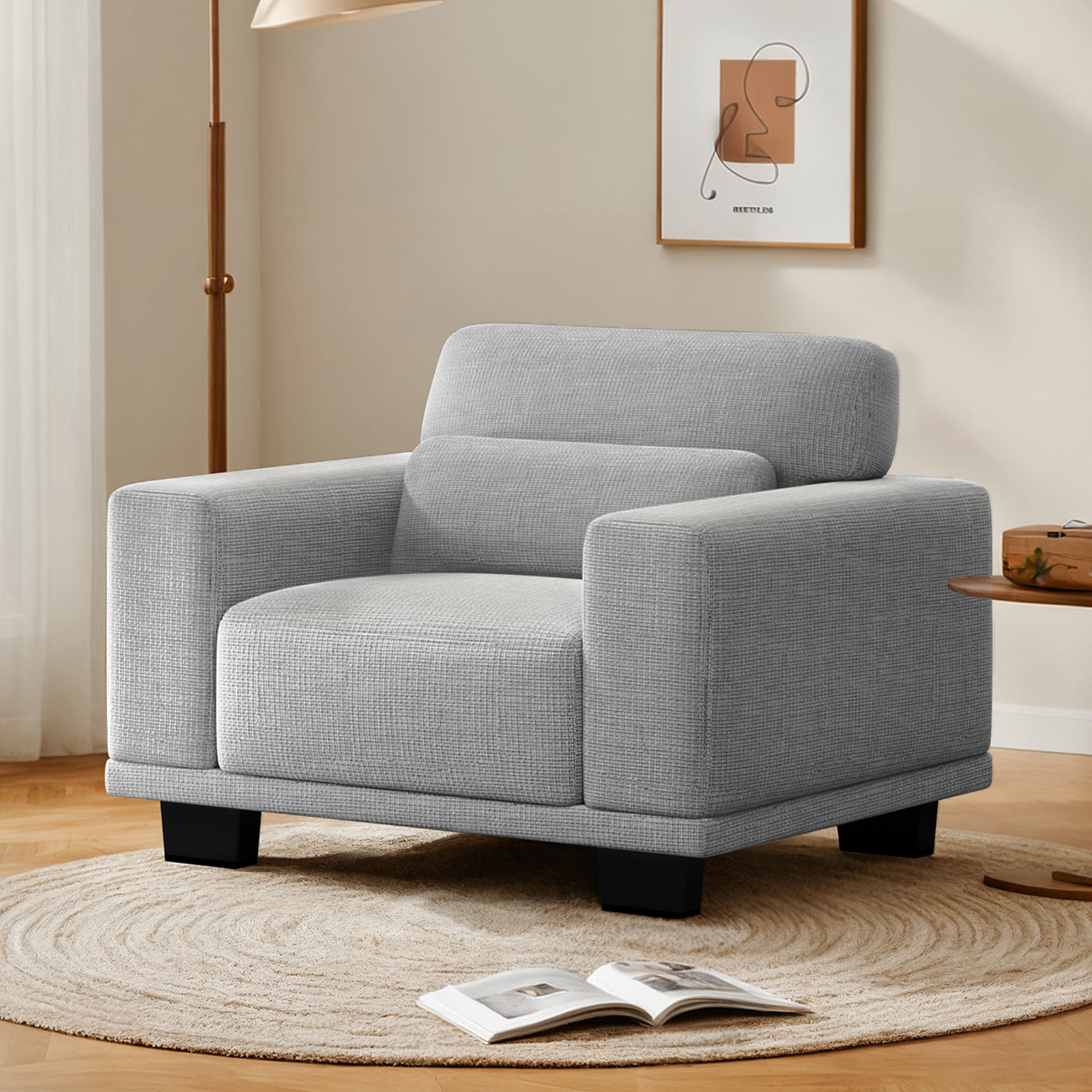 CHITOOMA 40" Oversized Accent Chair, Upholstered Armchair with Pillow and Removable Linen Cover, Deep Seat Sofa Chair with Wide Armrests for Living Room, Bedroom, or Office, Gray