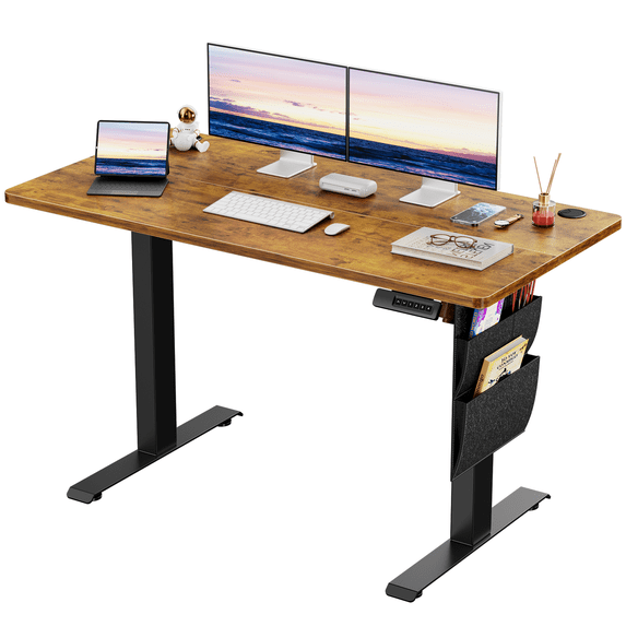 CHITOOMA Electric Standing Desk with Storage Bag, 40" x 24" Adjustable Height Sit to Stand Desk with 4 Memory Pre-Set, Headphone Hook for Home Office, Rustic Brown