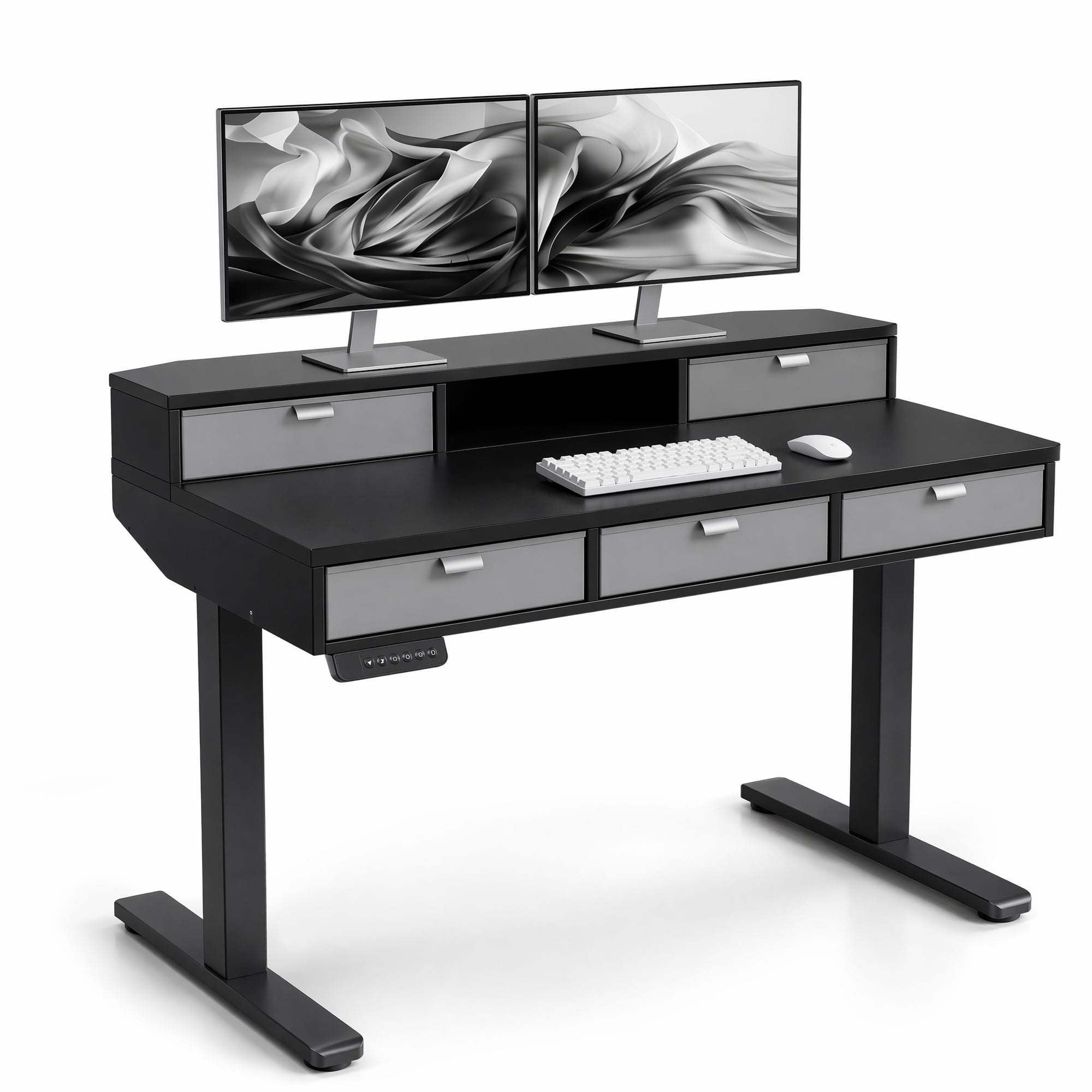 Electric Standing Desk with 5 Drawers, Monitor-Riser Design, 40" x 24" Height Adjustable Sit Stand Desk for Home Office, 4 Preset Pannel, Black