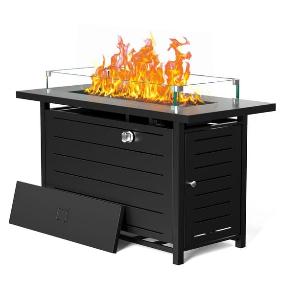 CHITOOMA 42" Propane Fire Pit with Wind Guard, 60,000 BTU Rectangular Gas Fire Pit Table for Patio Garden Party with Lid and Lava Rock