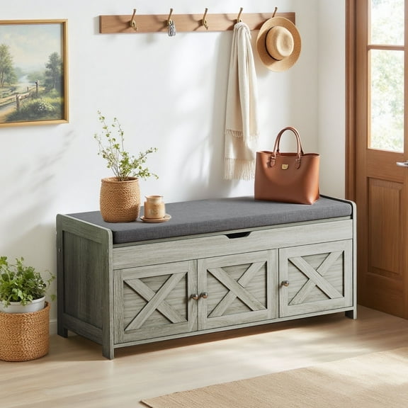 CHITOOMA 43.4" Shoe Storage Bench with Cushion and Barn Doors for Entryway, Bedroom, Shoe Rack Bench Adjustable Shelf with Lift Top Storage, 440 lbs, Grey