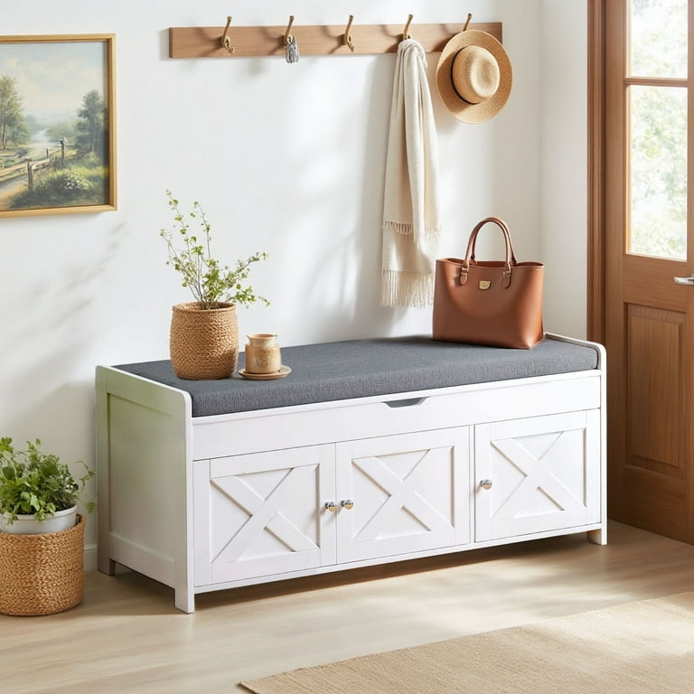 CHITOOMA Shoe Storage Bench with Cushion and Barn Doors for