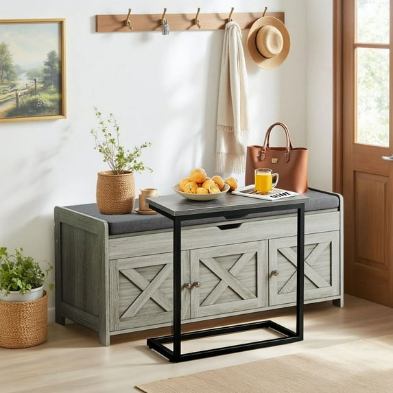 CHITOOMA 43.4" Shoe Storage Bench with Cushion & C Shaped End Table Set, Entryway Bench with Barn Doors and Adjustable Shelf, Sofa Side Table with Metal Frame for Living Room Bedroom, Gray