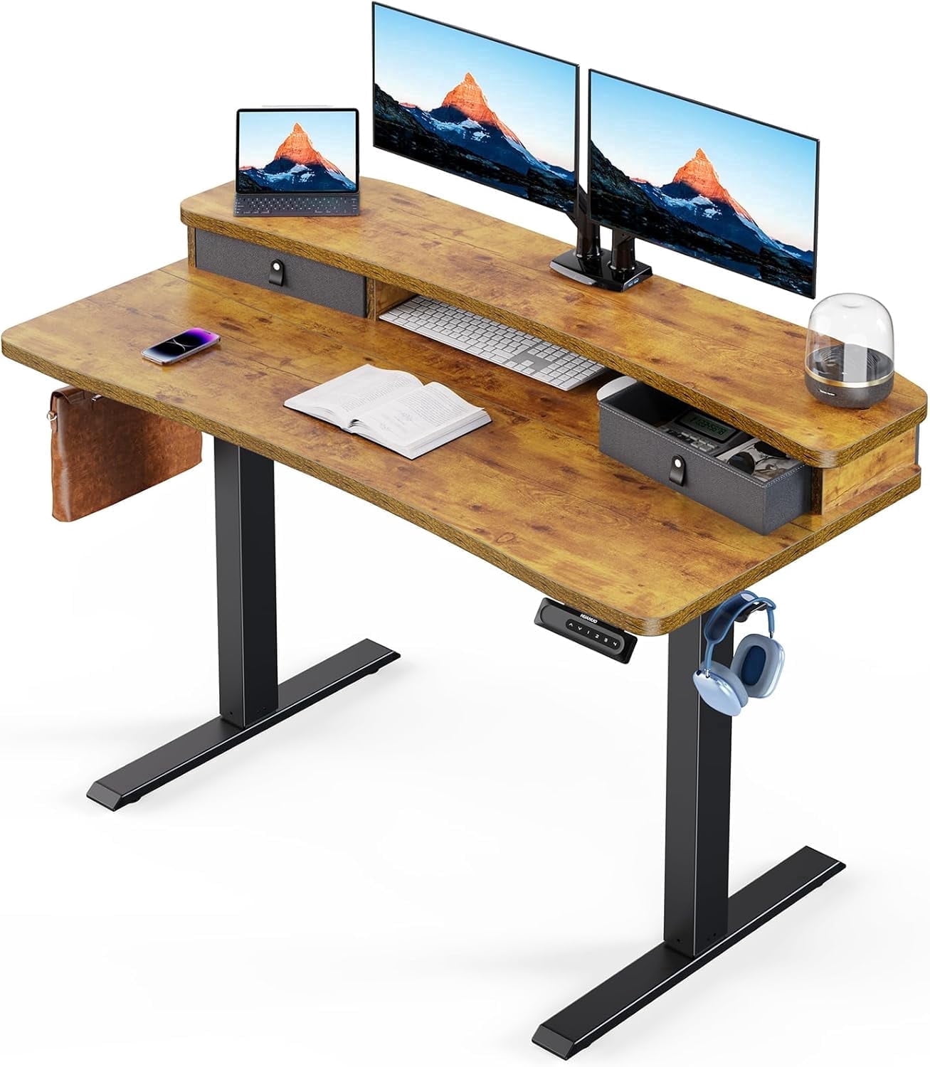 Kyspho 48″ x 24″ Electric Standing Desk with 2 Drawers, C-Clamp Mount Compatible, Height Adjustable Computer Desk, Home Office Stand Up Desk with 4 Preset Heights & 2 Hooks, Vintage Brown