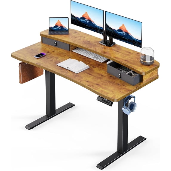 Kyspho 48″ x 24″ Electric Standing Desk with 2 Drawers, C-Clamp Mount Compatible, Height Adjustable Computer Desk, Home Office Stand Up Desk with 4 Preset Heights & 2 Hooks, Vintage Brown