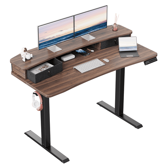 Kyspho 48″ x 24″ Electric Standing Desk with 2 Drawers, C-Clamp Mount Compatible, Height Adjustable Computer Desk, Home Office Stand Up Desk with 4 Preset Heights & 2 Hooks, Walnut