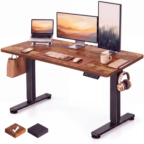 CHITOOMA 48" x 24" Electric Standing Desk,4 Memory Preset Height Adjustable Sit Stand up Desk with Headphone Hook for Office,Rustic Brown