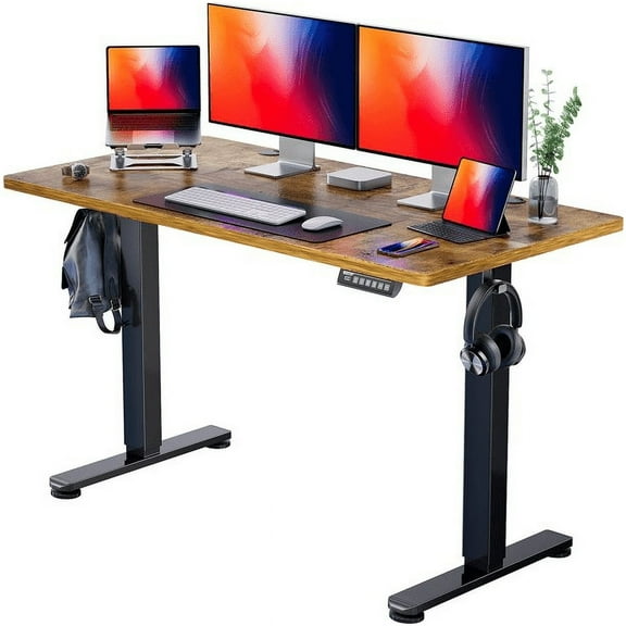 CHITOOMA 48" x 24" Electric Standing Desk with 4 Memory Preset Heights, Height Adjustable Sit Stand up Desk with Headphone Hook for Home Office, Rustic Brown