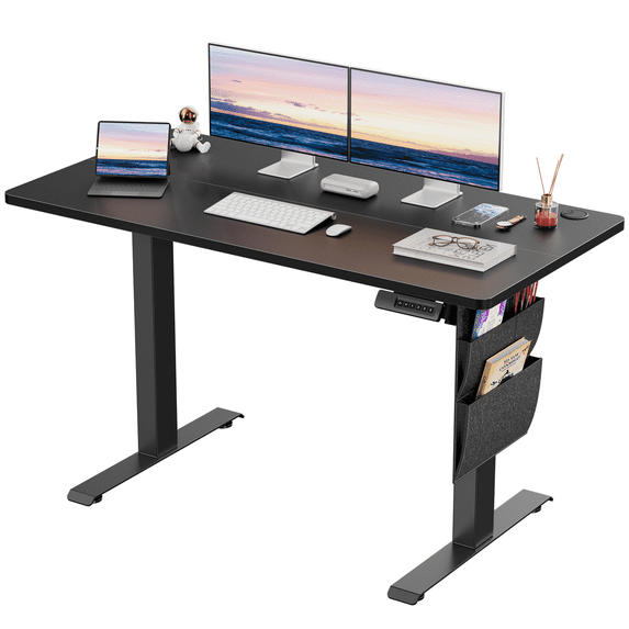 CHITOOMA Electric Standing Desk with Storage Bag, 48" x 24" Adjustable Height Sit to Stand Desk with 4 Memory Pre-Set, Headphone Hook for Home Office, Black