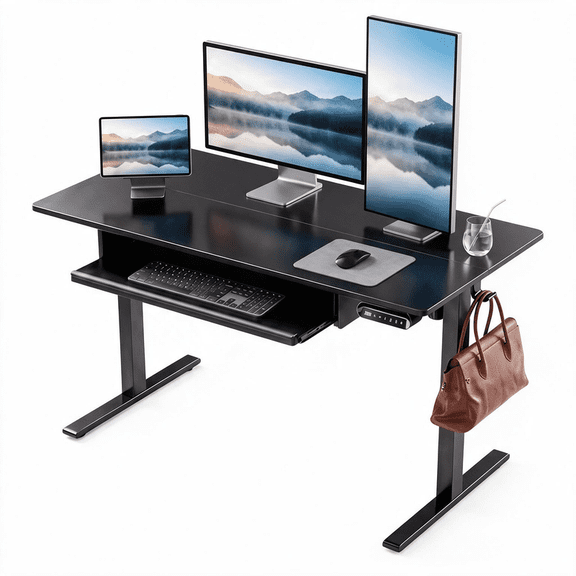 Kyspho 48" x 24" Electric Standing Desk with Keyboard Tray Adjustable Sit Stand up Desk with Headphone Hook & 4 Height Memory Pre-Set, Black