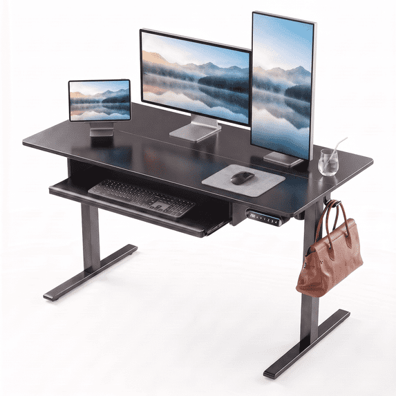 Kyspho 48" x 24" Electric Standing Desk with Keyboard Tray Adjustable Sit Stand up Desk with Headphone Hook & 4 Height Memory Pre-Set Black