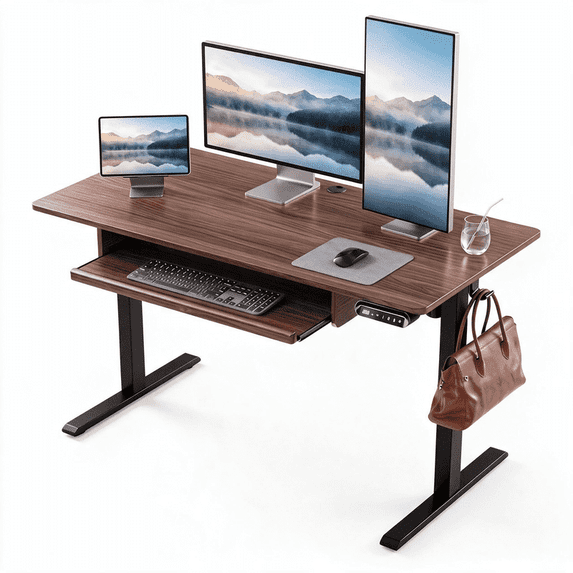Kyspho 48" x 24" Electric Standing Desk with Keyboard Tray Adjustable Sit Stand up Desk with Headphone Hook & 4 Height Memory Pre-Set, Walnut