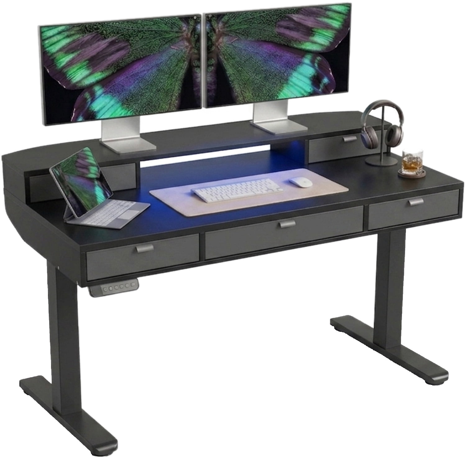 Electric Standing Desk with 5 Drawers, Monitor-Riser Design, 48" x 24" Height Adjustable Sit Stand Desk for Home Office, 4 Preset Pannel, Black
