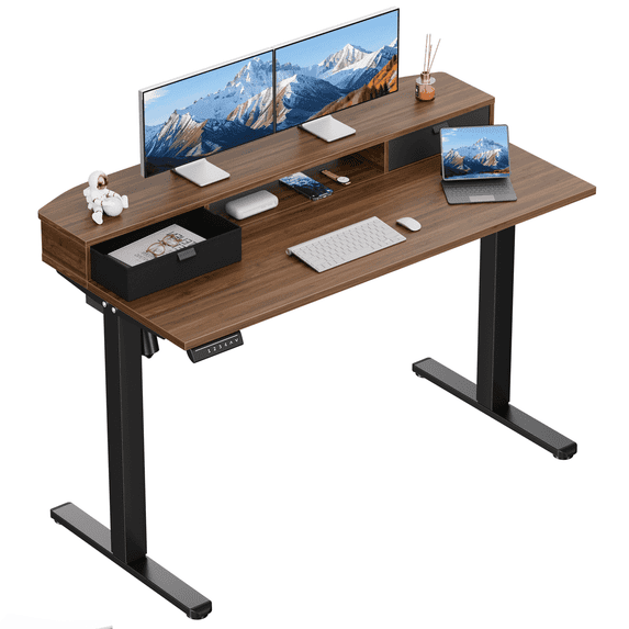 CHITOOMA Office Desk with Storage, 48″ x 24″ Electric Height Adjustable Sit Stand Standing Desk with Drawers Shelf, Walnut