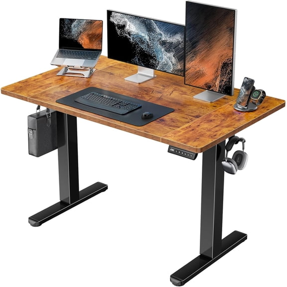 Kyspho 48 x 24 inch Electric Standing Desk, Height Adjustable Table with Headphone Hooks & Cable Manager, Sit to Stand up Desk for Home Office, Vintage Brown