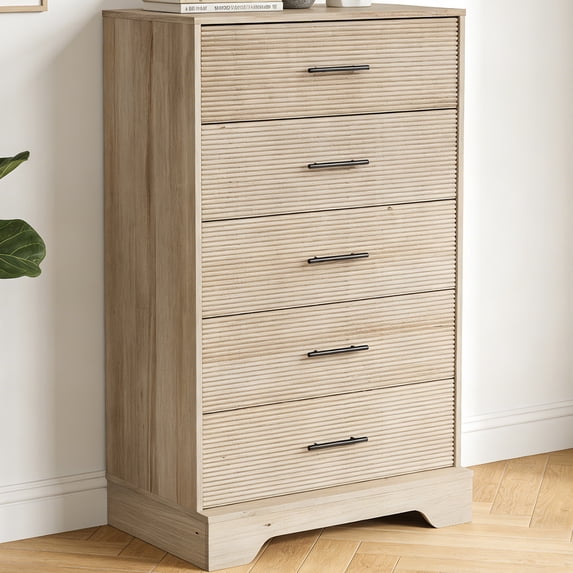 CHITOOMA 5 Drawer Dresser Wooden, Fluted Tall Dresser for Bedroom, Chest of Drawers for Living Room Hallway, Natural