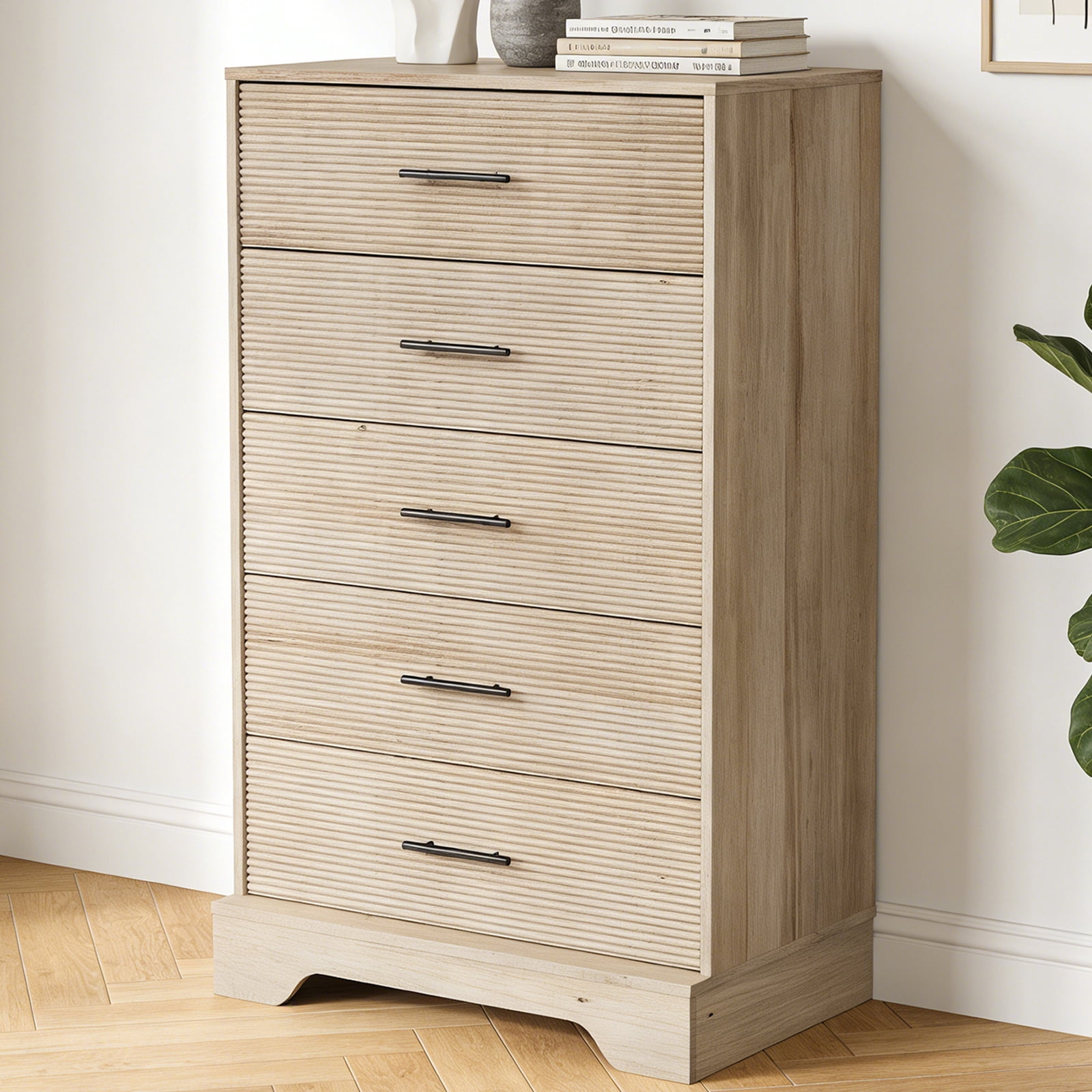 CHITOOMA 5 Drawer Dresser Wooden, Fluted Tall Dresser for Bedroom, Chest of Drawers for Living Room Hallway, Natural