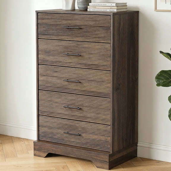 CHITOOMA 5 Drawer Dresser Wooden, Fluted Tall Dresser for Bedroom, Chest of Drawers for Living Room Hallway, Walnut