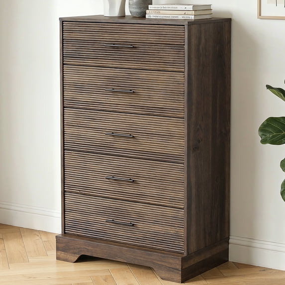 CHITOOMA 5 Drawer Dresser Wooden, Fluted Tall Dresser for Bedroom, Chest of Drawers for Living Room Hallway, Walnut
