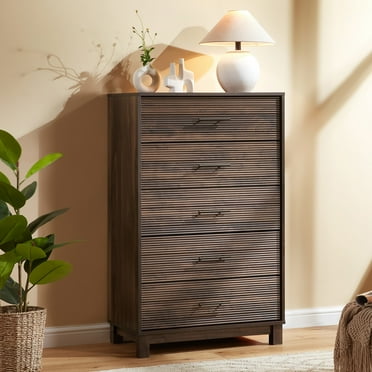 CHITOOMA Fluted Dresser for Bedroom, Modern Wooden 5 Drawer Tall Dresser, Chest of Drawers, Storage Cabine Living Room Hallway, Walnut