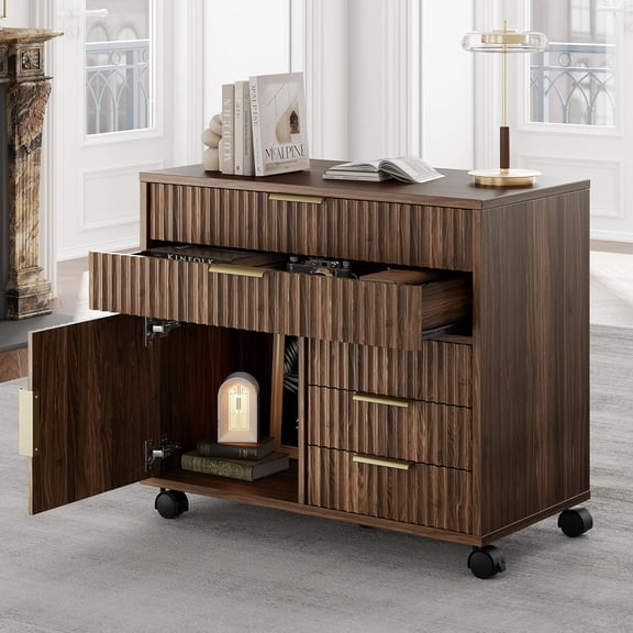 CHITOOMA 5-Drawer Grooved Filing Cabinet with Doors, Lockable Mobile Casters Office Storage Cabinet, Ideal for Home Office, Dark Walnut