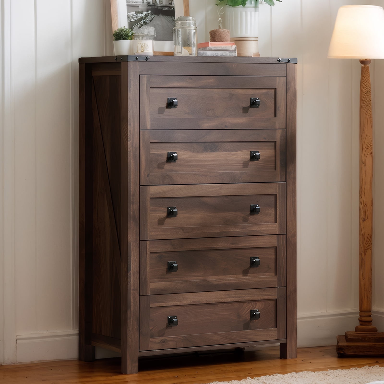 CHITOOMA 5 Drawer Dressers for Bedroom, Adult Tall Wooden Storage Cabine with Double Handle, Chest of Drawers for Living Room Hallway, Walnut