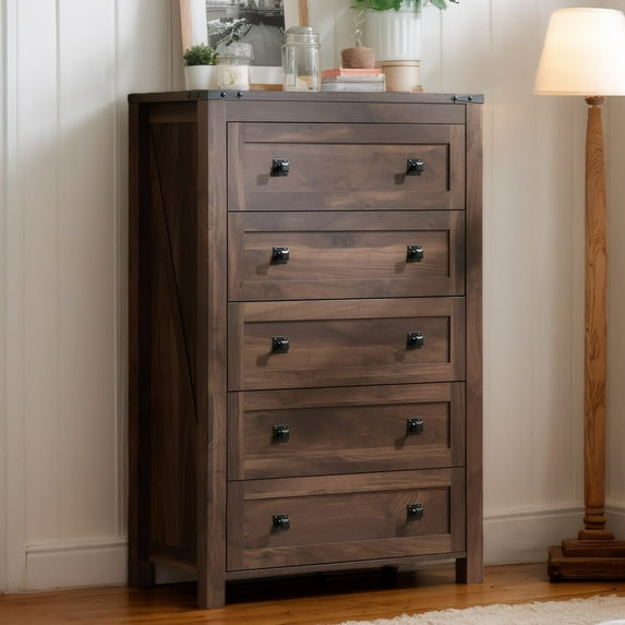CHITOOMA 5 Drawer Dressers for Bedroom, Adult Tall Wooden Storage Cabine with Double Handle, Chest of Drawers for Living Room Hallway, Walnut