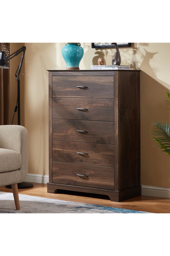 5 Drawer Dressers for Bedroom, Adult Tall Wooden Chest of Drawers, Storage Cabine for Living Room Entryway, Walnut
