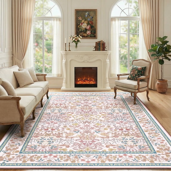 CHITOOMA 5'x7' Area Rugs for Living Room, Floral Washable Rug Boho Non-Slip Printed Carpet, Vintage Stain Resistant Indoor Rug for Bedroom Dining Room Home Office