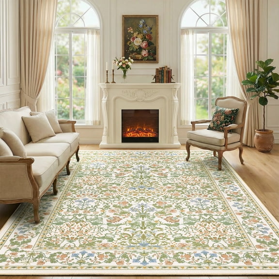 CHITOOMA 5'x7' Area Rugs for Living Room, Floral Washable Rug Boho Non-Slip Printed Carpet, Vintage Stain Resistant Indoor Rug for Bedroom Dining Room Home Office