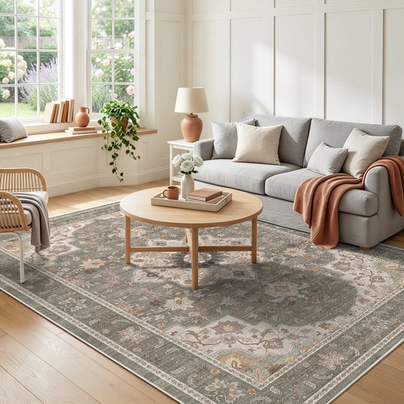 CHITOOMA 5'x7' Area Rugs for Living Room, Boho Machine Washable Stain Resistant Non-Shed Carpet, Floral Area Rug with Non-Slip Backing for Bedroom, Dining Room, Dorm, Office