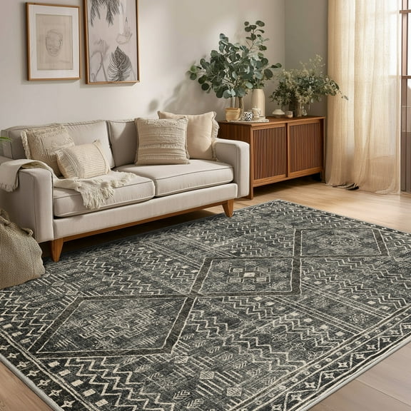 CHITOOMA 5'x7' Area Rugs for Living Room, Washable Boho Moroccan Rug Soft Vintage Distressed Geometric Tribal Area Rug for Bedroom Dining Room Office with Non-Slip Backing, Stain Resistant Non-Shed