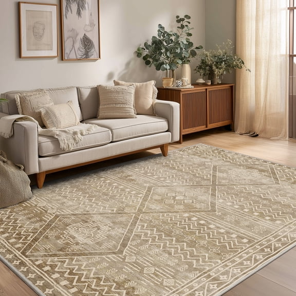 CHITOOMA 5'x7' Area Rugs for Living Room, Washable Boho Moroccan Rug Soft Vintage Distressed Geometric Tribal Area Rug for Bedroom Dining Room Office with Non-Slip Backing, Stain Resistant Non-Shed