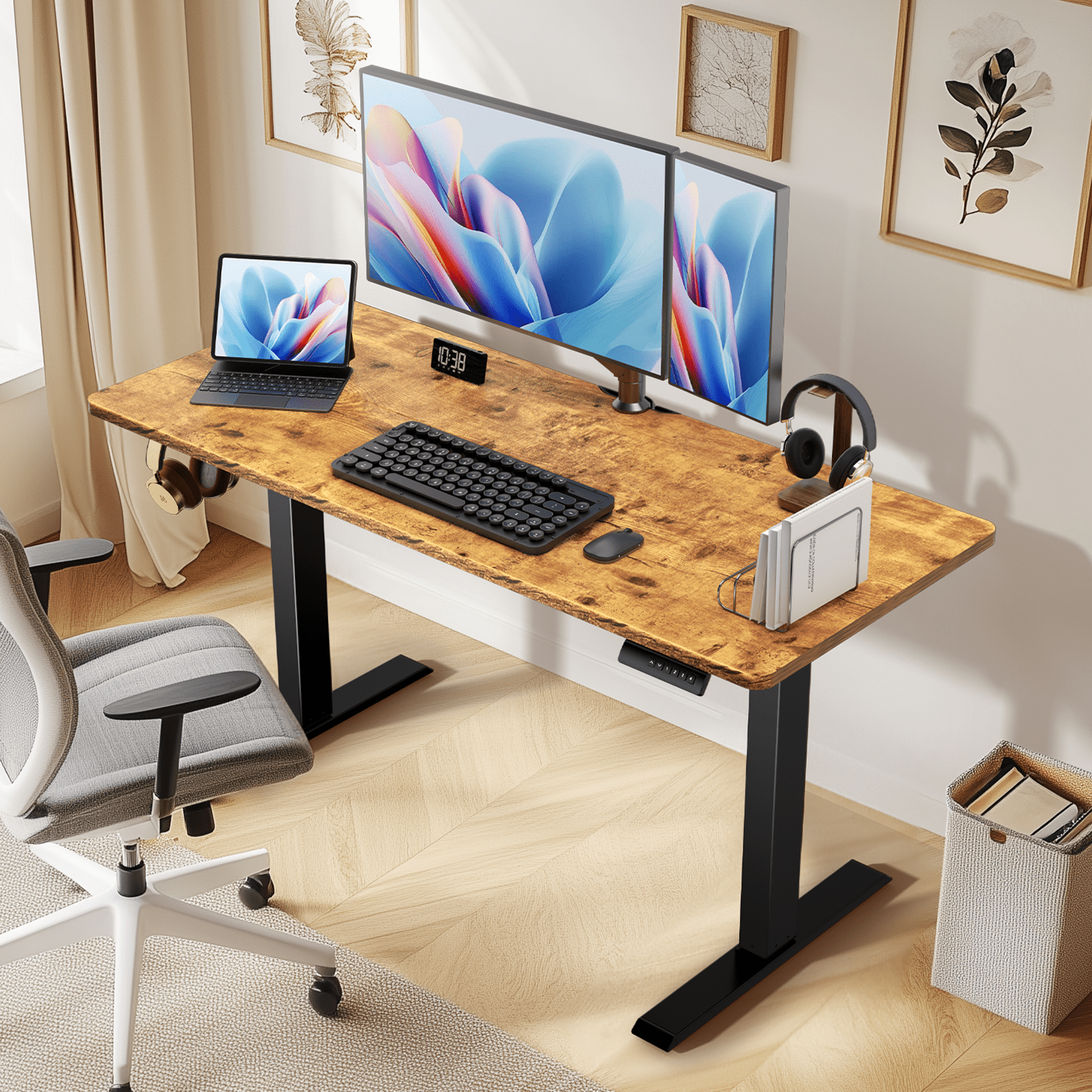 Walmart discount codes: CHITOOMA 55" x 24" Electric Standing Desk, Adjustable Height Sit Stand Up Desk with 4 Memory Pre-Set, Home Office Gaming Desk with Headphone Hook, Vintage Brown