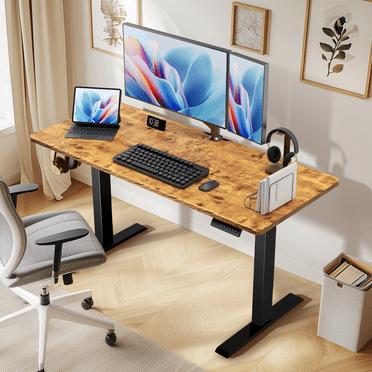 CHITOOMA 55" x 24" Electric Standing Desk, Adjustable Height Sit Stand Up Desk with 4 Memory Pre-Set, Home Office Gaming Desk with Headphone Hook, Vintage Brown