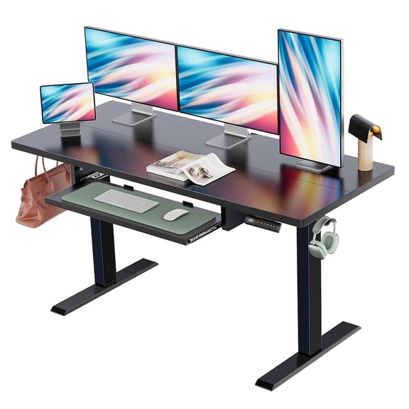 55" x 24" Electric Standing Desk with Keyboard Tray, Height Adjustable Sit Stand up Desk with Headphone Hook & 4 Height Memory Pre-Set for Home Office, Black