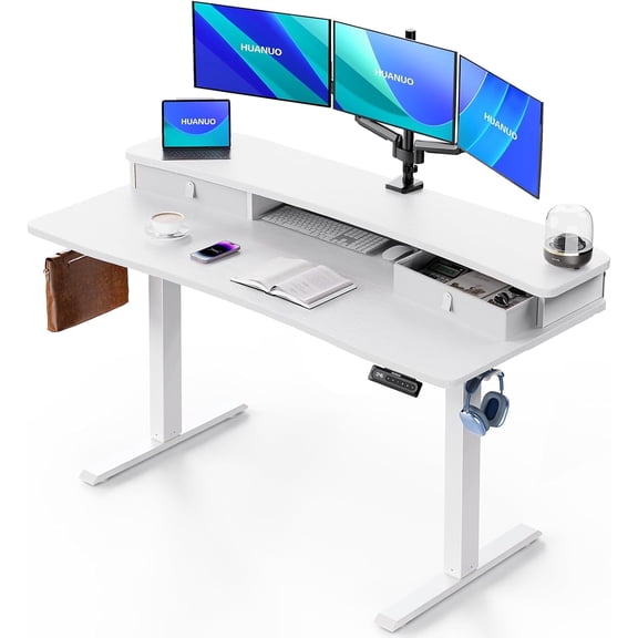 CHITOOMA 55″ x 26″ Electric Standing Desk with 2 Drawers, C-Clamp Mount Compatible, Height Adjustable Computer Desk, Home Office Stand Up Desk with 4 Preset Heights & 2 Hooks, White