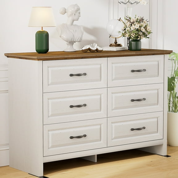 CHITOOMA 6 Drawer Double Dresser, 47.2" Adult Wood Storage Side Cabinet Chest of Drawer for Bedroom Living Room Hallway, White & Brown
