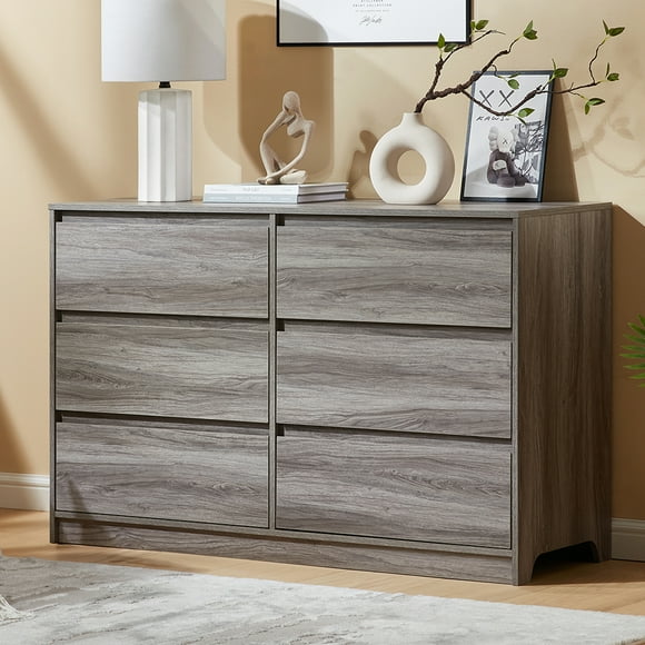 CHITOOMA 6 Drawer Double Dresser, 47.2" Adult Wood Storage Side Cabinet Chest of Drawer for Bedroom Living Room Hallway, Gray