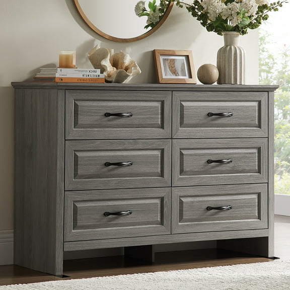CHITOOMA 6 Drawer Double Dresser, 47.2" Adult Wood Storage Side Cabinet Chest of Drawer for Bedroom Living Room Hallway, Gray