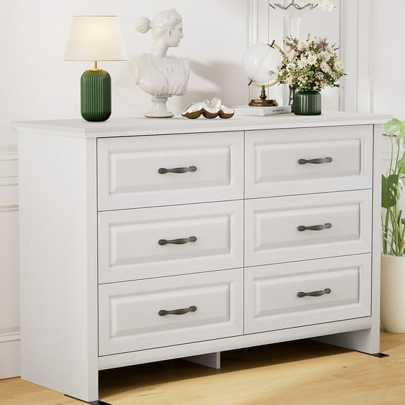 CHITOOMA White Dressers for Bedroom 6 Drawer, 47.2" Adult Wooden Dresser, Double Storage Cabine Chest of Drawers for Living Room, Hallway