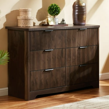 CHITOOMA Fluted Dresser for Bedroom, Modern Wooden 6 Drawer Dresser, Storage Cabine Chest of Drawers for Living Room Hallway, Walnut