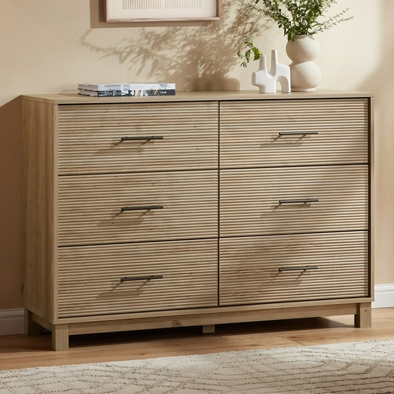CHITOOMA 6 Drawer Fluted Dresser for Bedroom, Modern Wooden Long Dresser, Storage Cabine Chest of Drawers for Living Room Hallway, Natural