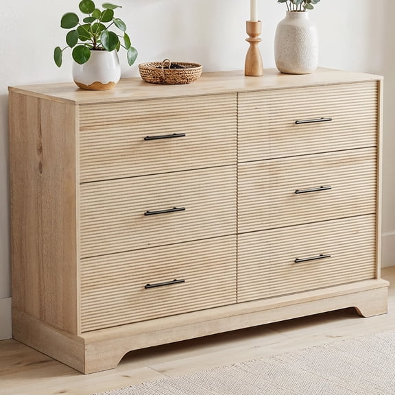 CHITOOMA 6 Drawer Fluted Dresser for Bedroom, Modern Wooden Long Dresser, Storage Cabine Chest of Drawers for Living Room Hallway, Natural