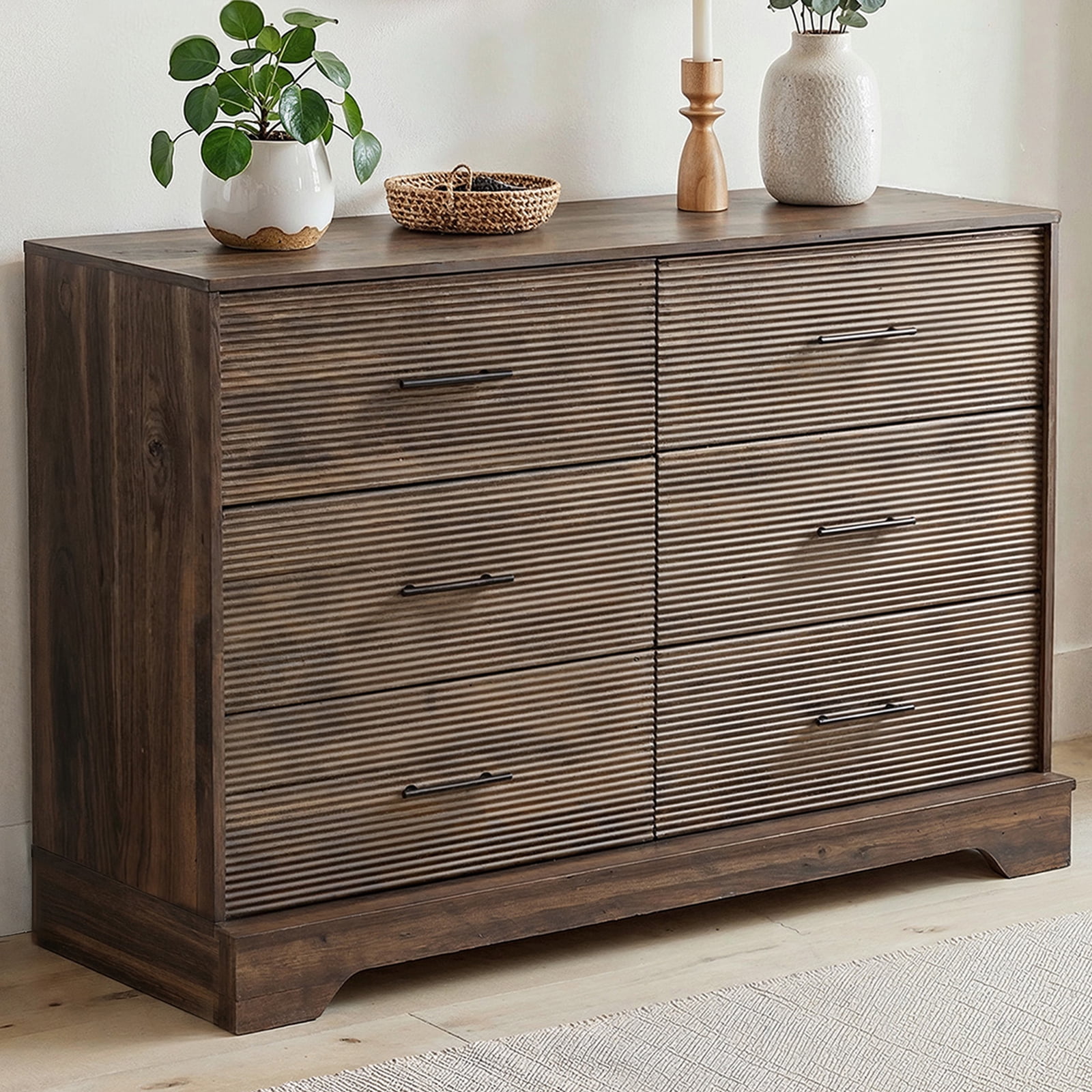 CHITOOMA 6 Drawer Fluted Dresser for Bedroom, Modern Wooden Long Dresser, Storage Cabine Chest of Drawers for Living Room Hallway, Walnut