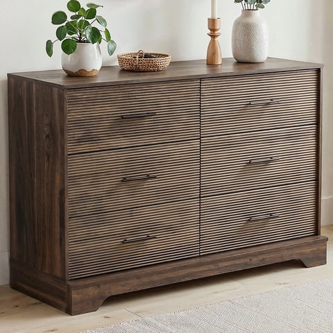 CHITOOMA 6 Drawer Fluted Dresser for Bedroom, Modern Wooden Long Dresser, Storage Cabine Chest of Drawers for Living Room Hallway, Walnut
